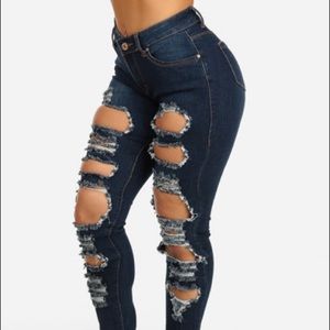 DARK WASH HIGH RISE DISTRESSED DESIGN DENIM JEANS